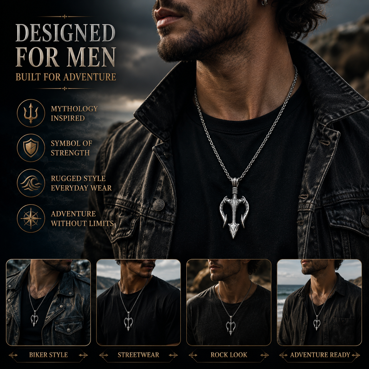 Men Vintage Poseidon Trident Pendant Necklace Gothic Greek Mythology Amulet Stainless Steel Chain PN0002