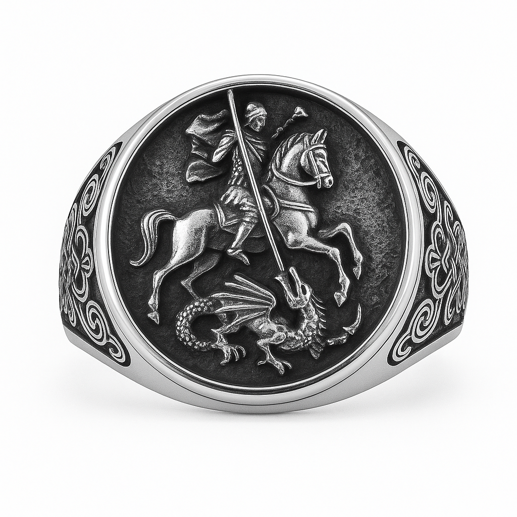 Men Stainless Steel Saint George Dragon Slayer Ring Knight Celtic Signet Jewelry # R280