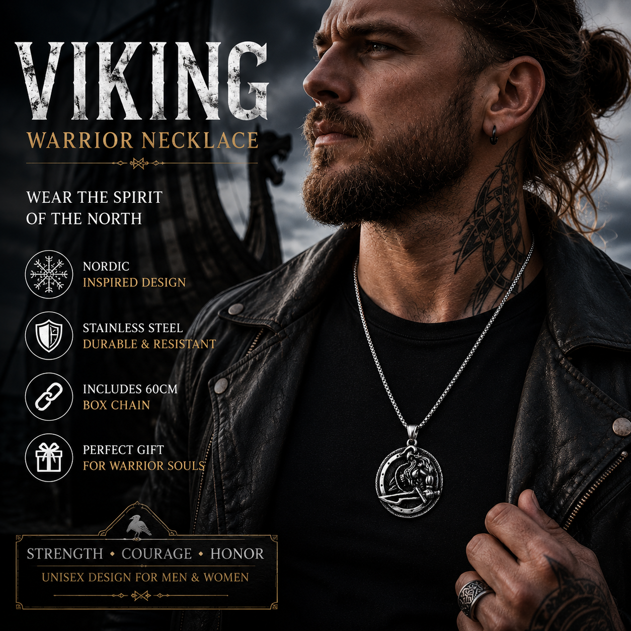 Men Viking Warrior Pendant Necklace Norse Mythology Stainless Steel Round Amulet with Chain PN0014