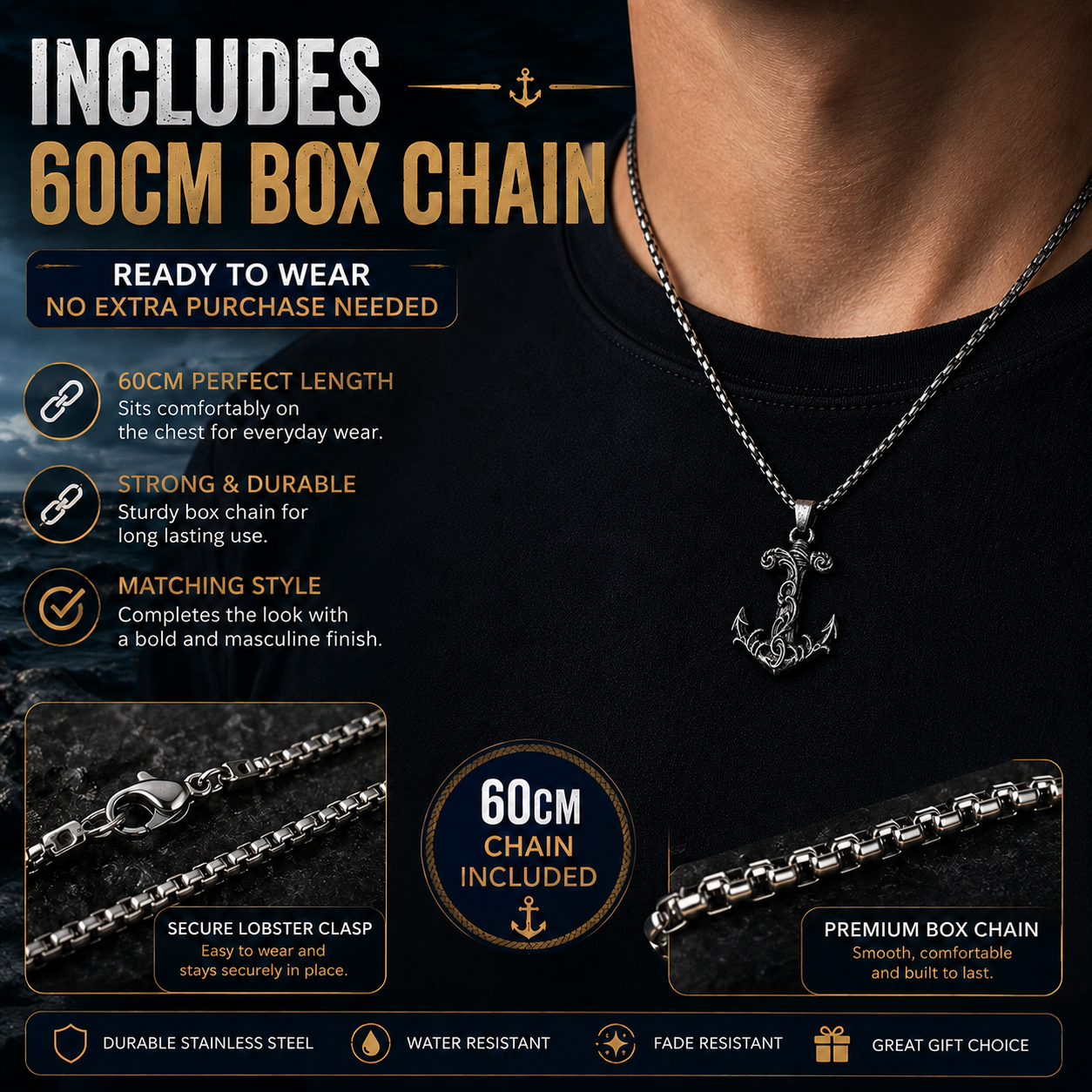 Vintage Carved Anchor Pendant Necklace Stainless Steel Nautical Gothic Marine Chain Gift For Men PN0003