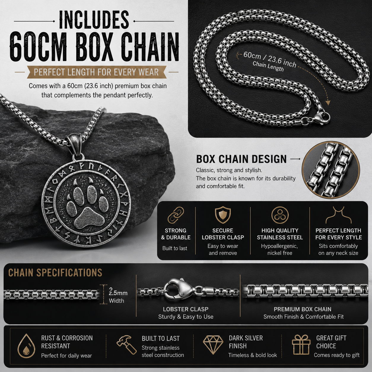 Viking Bear Paw Rune Pendant Necklace Nordic Amulet Stainless Steel Symbolic Totem Gift PN0069