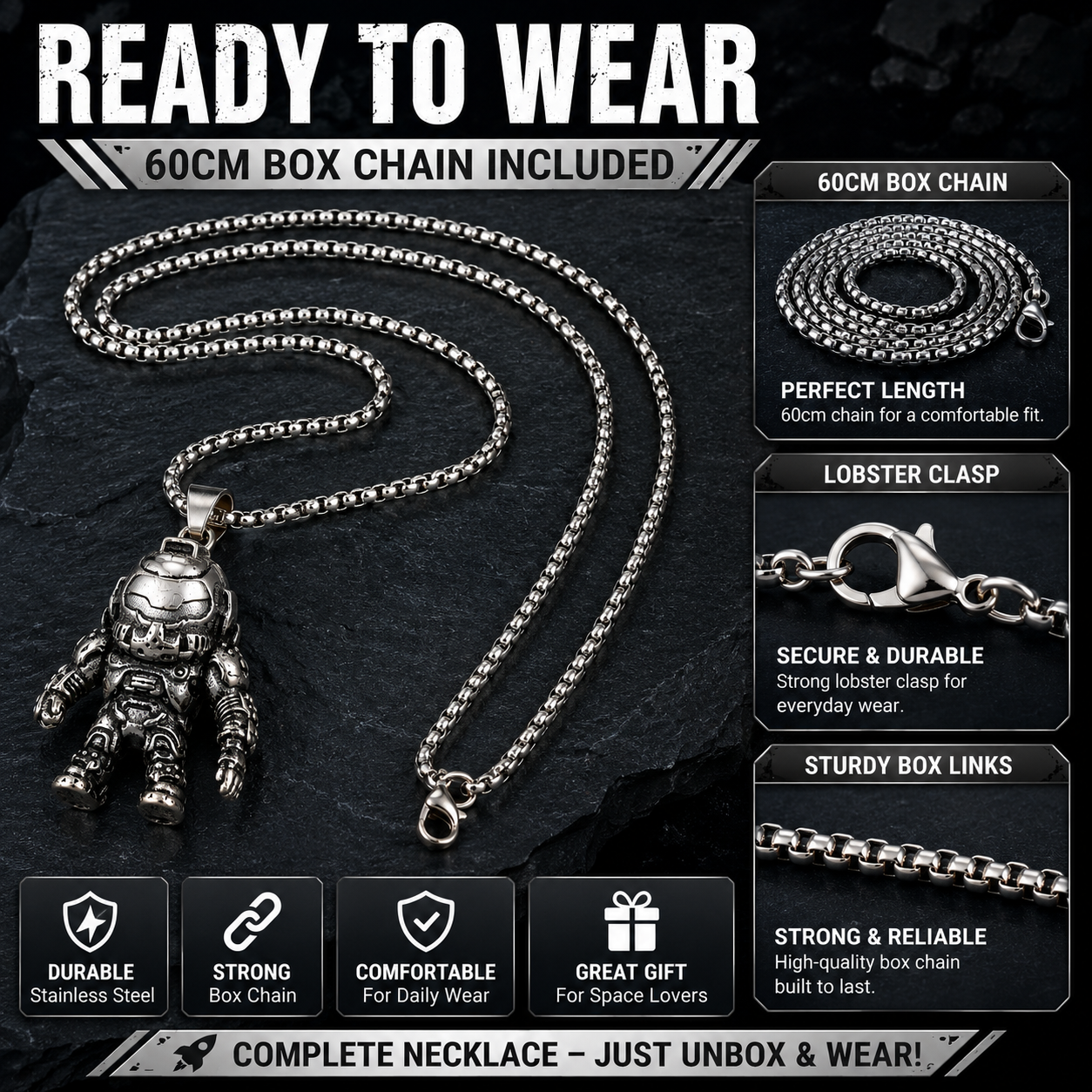 Space Astronaut Necklace Pendant Dark Silver Stainless Steel 60cm Chain Gift PN0028