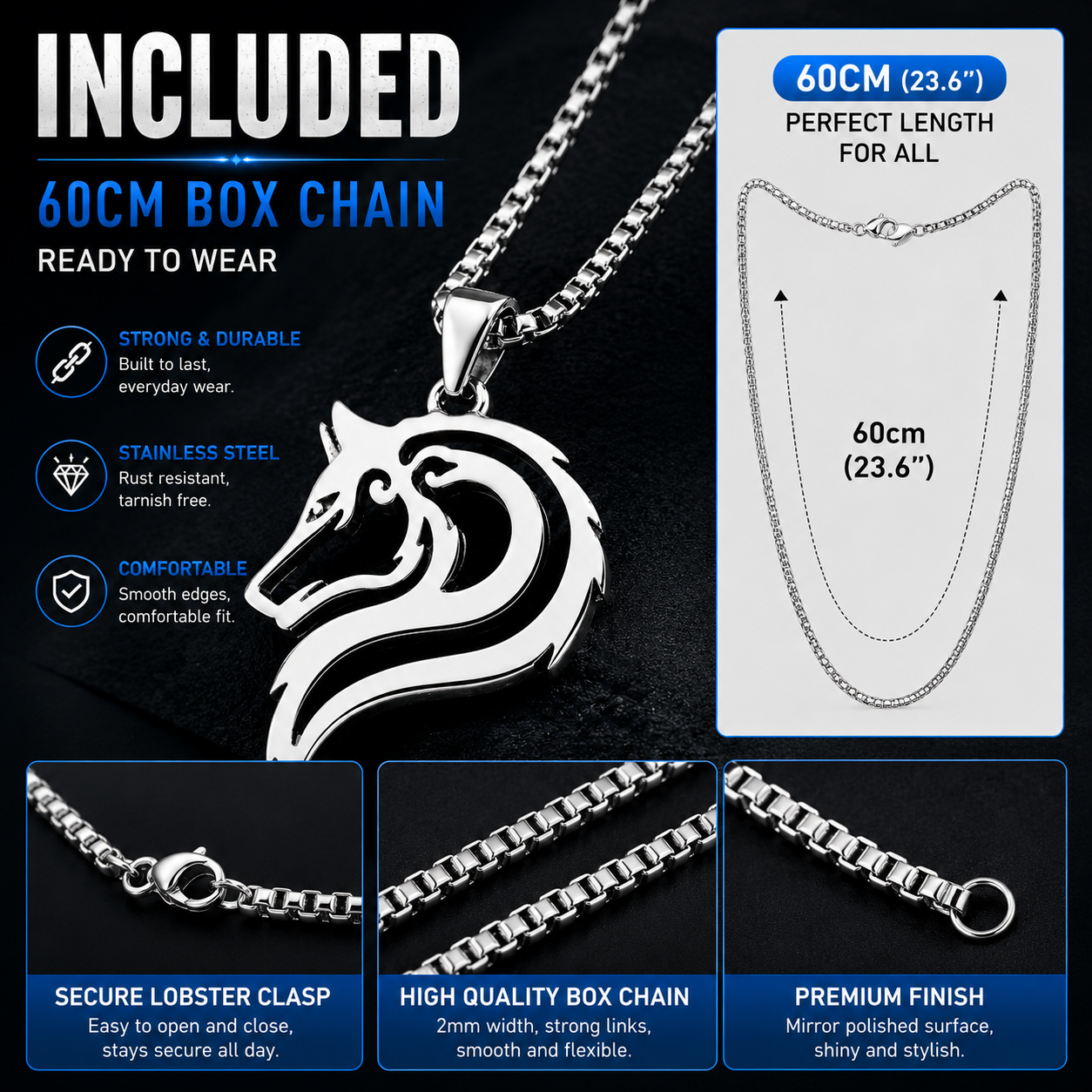 Wolf Head Pendant Stainless Steel Silver Tribal Animal Totem Wolf Necklace Chain PN0012