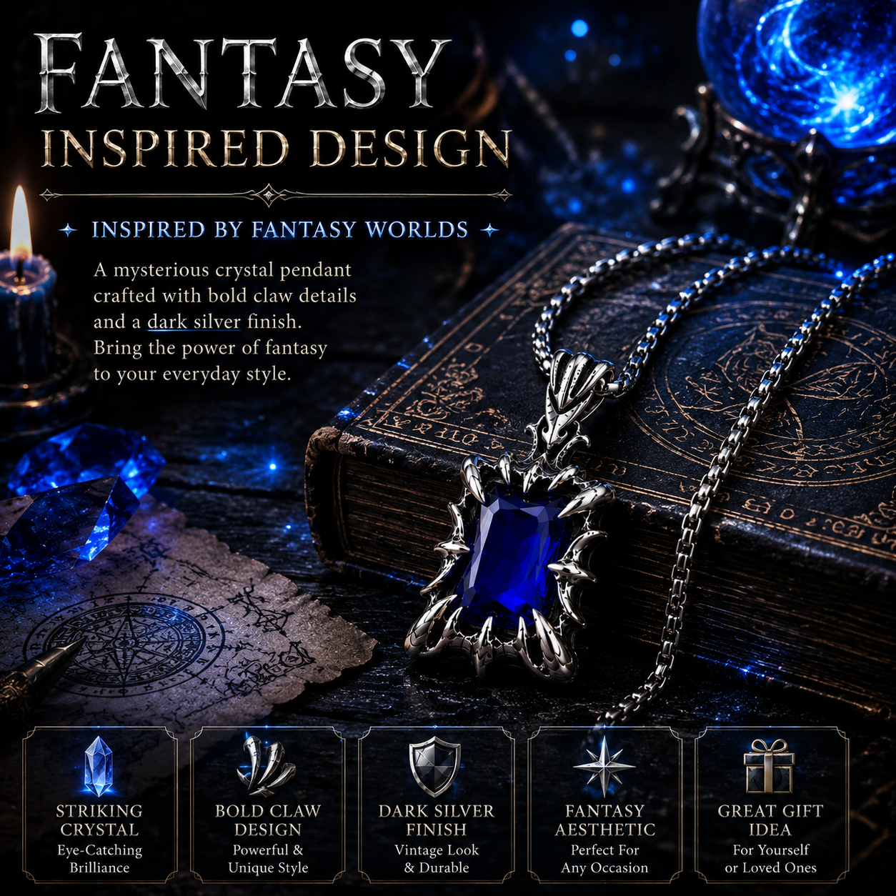 Retro Fantasy Vintage Gothic Crystal Pendant Necklace Dark Silver Stainless Steel Chain Blue Green Red Black Gem PN0029
