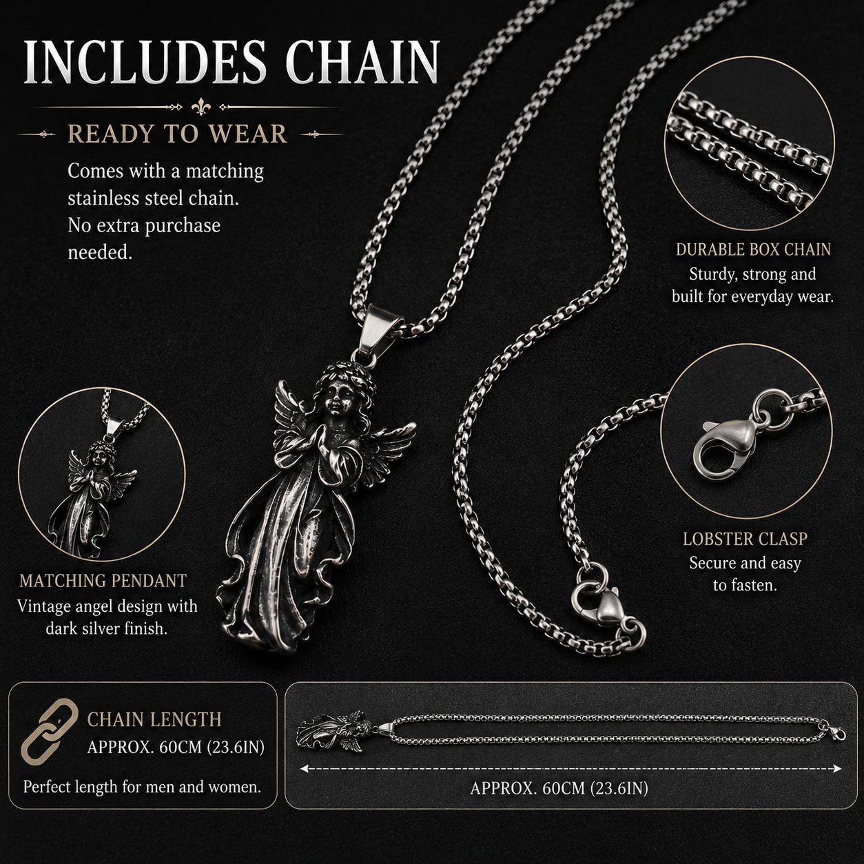 Unisex Vintage Angel Pendant Necklace Stainless Steel Dark Silver Gothic Prayer Angel Charm Chain Necklace Gift for Men Women PN0019