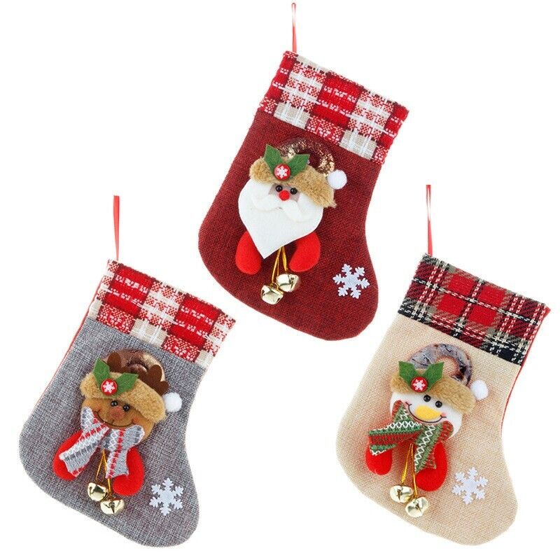 Burlap Christmas Stocking With bells Santa Claus Present Bag Xmas Party Decor