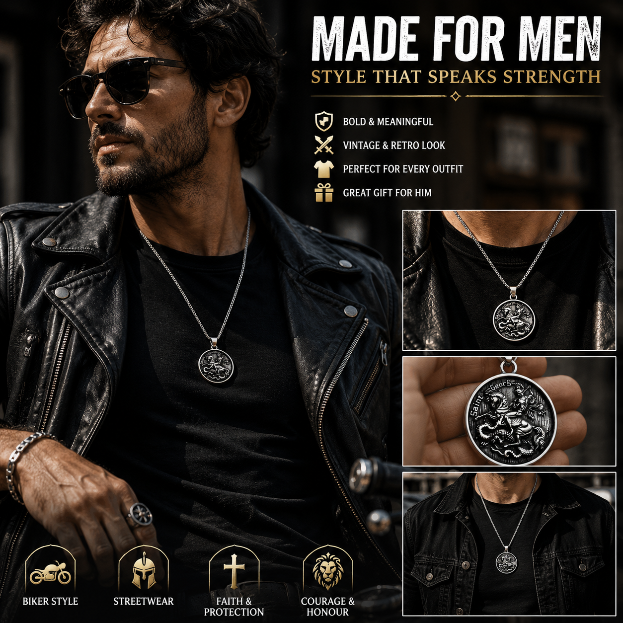 Men Saint George Dragon Pendant Necklace Stainless Steel Round Medallion Chain Gothic Retro Christian Amulet Jewellery Gift PN0006