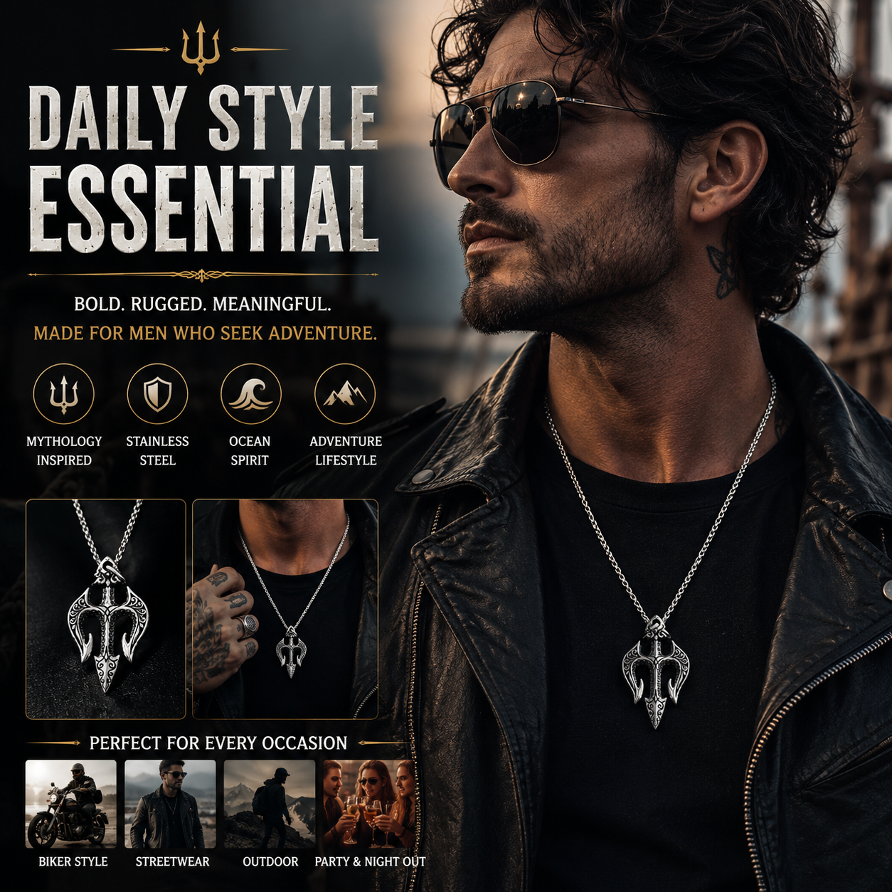 Men Vintage Poseidon Trident Pendant Necklace Gothic Greek Mythology Amulet Stainless Steel Chain PN0001