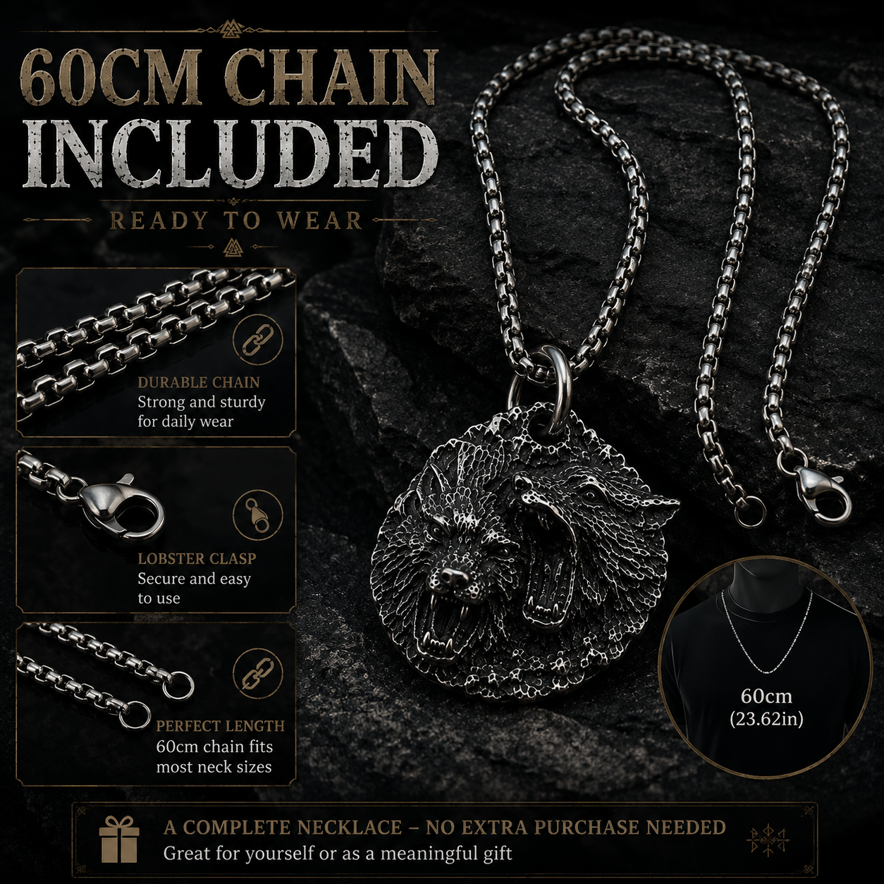 Vintage Wolf Pendant Necklace Dark Silver Stainless Steel Viking Animal Medallion Chain Gift for Men Women PN0017