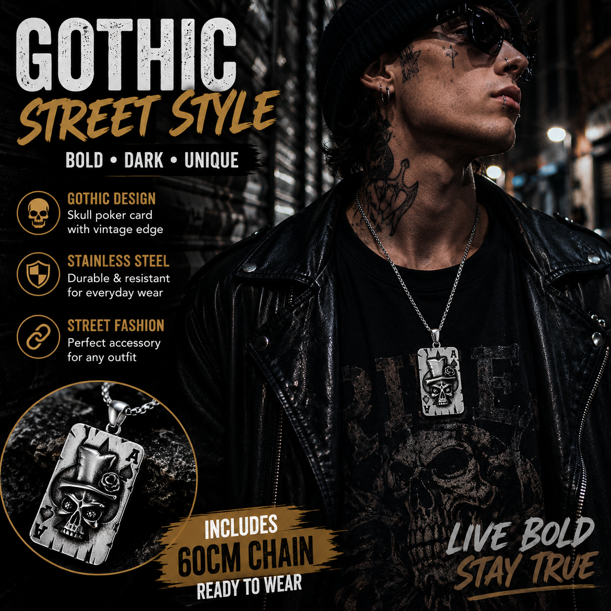 Men Gothic Skull Poker Ace Card Pendant Necklace Stainless Steel Vintage Punk Punk Street Style Biker Chain PN0008