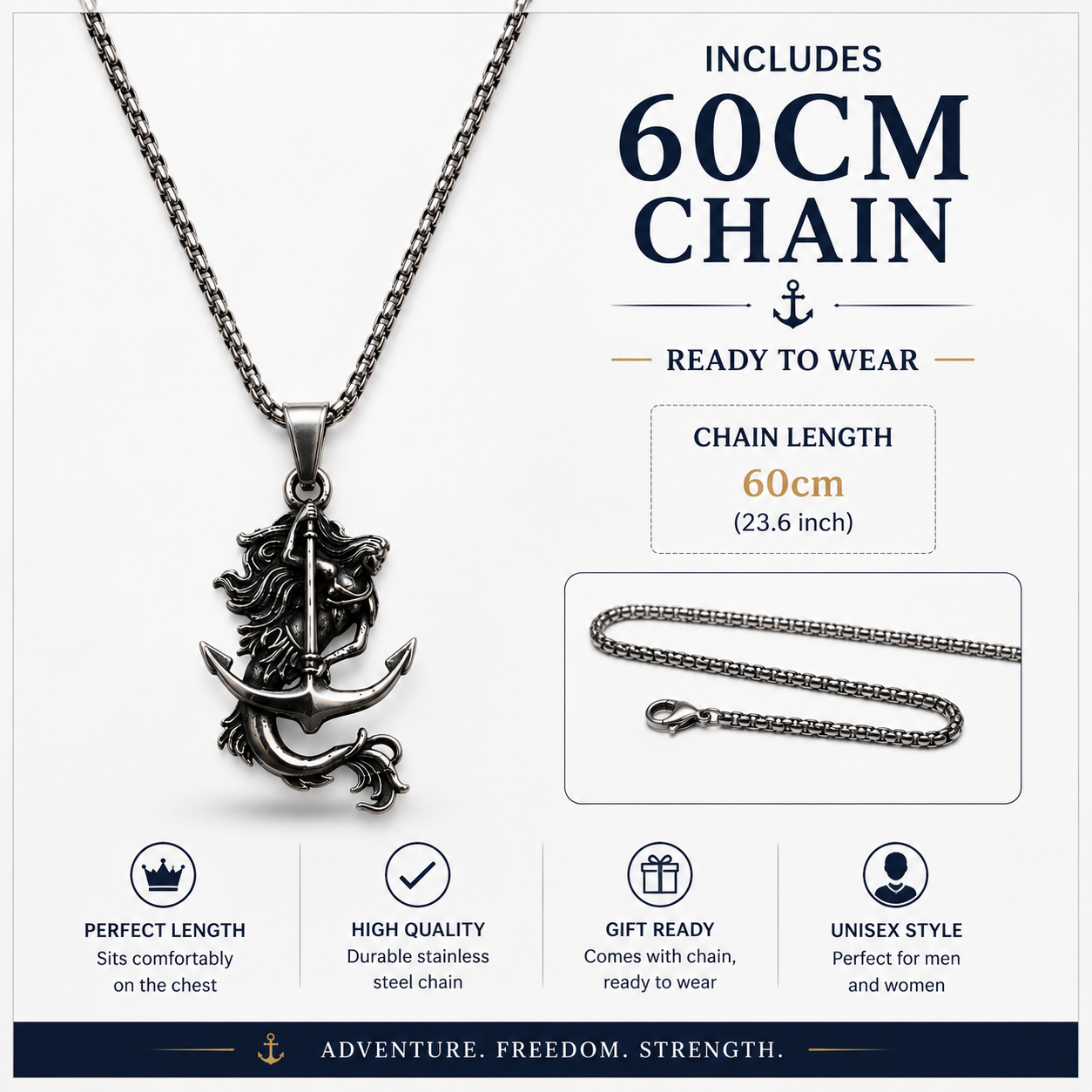 Vintage Mermaid Anchor Pendant Necklace Stainless Steel Dark Silver Nautical Chain PN0021