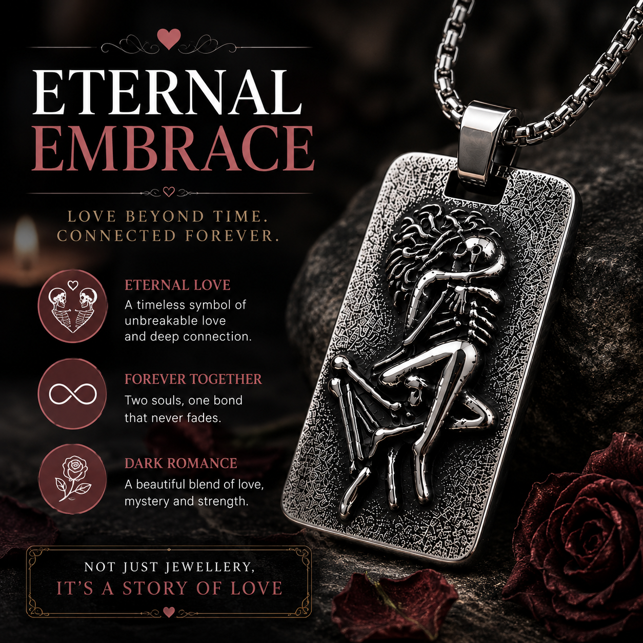 Gothic Skeleton Lovers Pendant Necklace Stainless Steel Dark Silver Gothic Jewellery Chain Gift For Men Women #PN0023