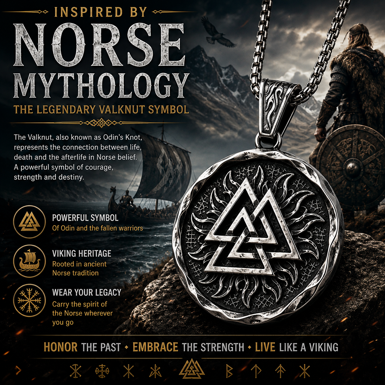 Viking Valknut Pendant Necklace Norse Symbol Stainless Steel with Chain Dark Silver Symbol Jewellery Gift PN0011