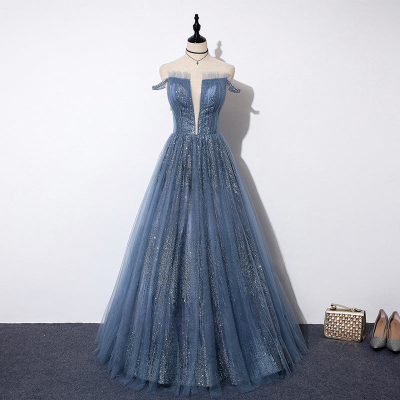 Women V-Neck Banquet Wedding Dress Cold Shoulder Evening Dress Shaggy Skirt