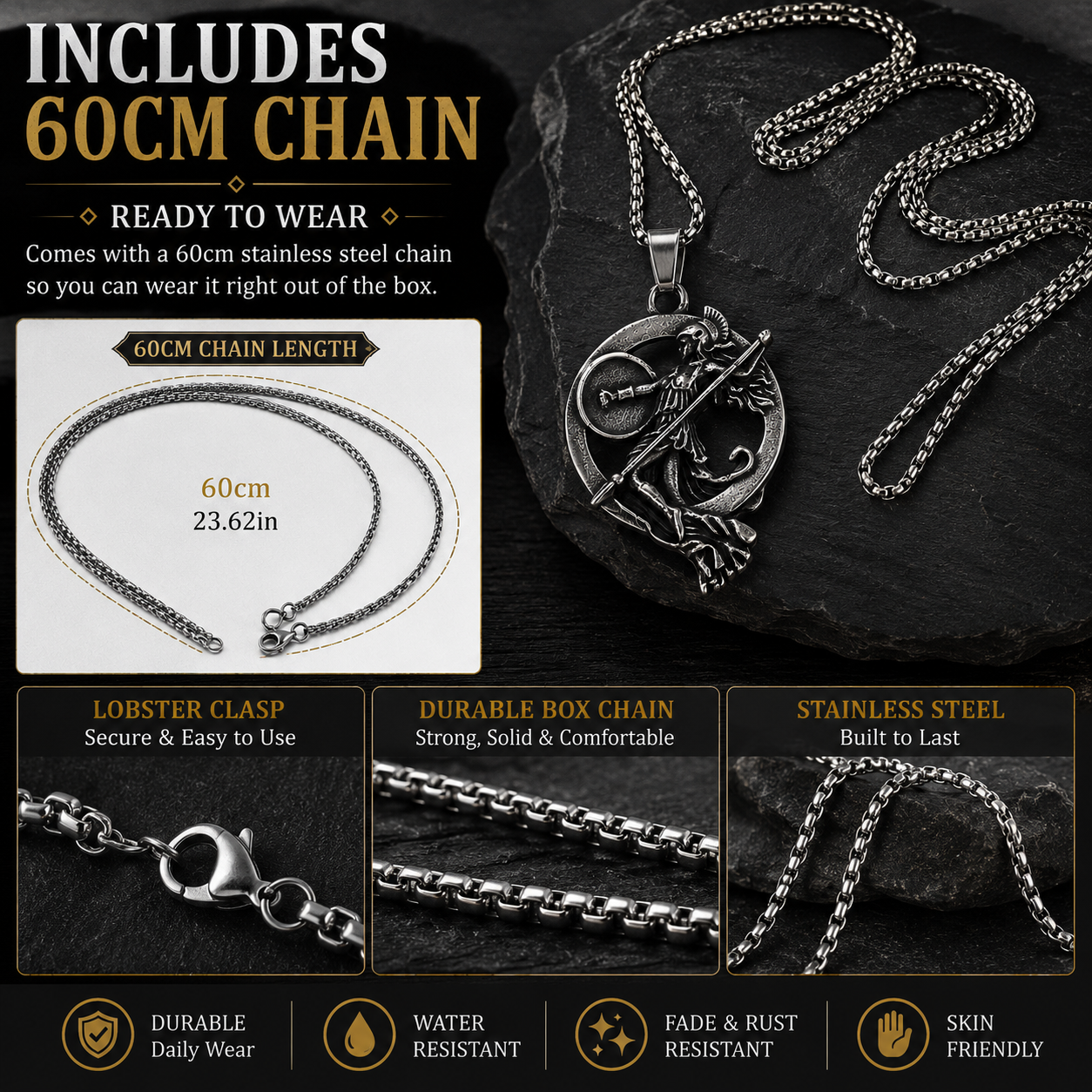 Unisex Retro Greek Goddess Warrior Pendant Necklace Dark Silver Stainless Steel Mythology Chain Gift PN0015
