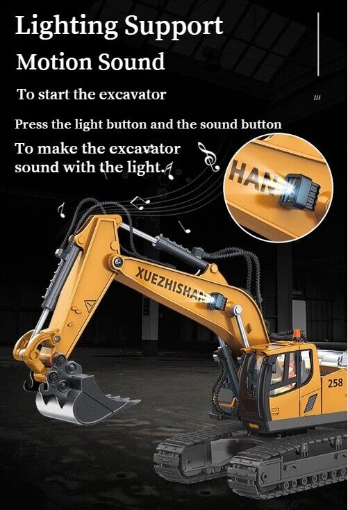 Grey Alloy Remote Control Excavator 11 Channel Crawler Boys Engineering Toys