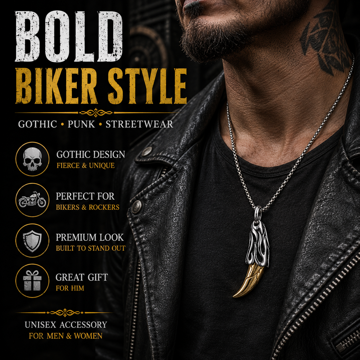Men Gothic Tiger Tooth Pendant Necklace Dark Silver Flame details Box Chain Gift PN0026