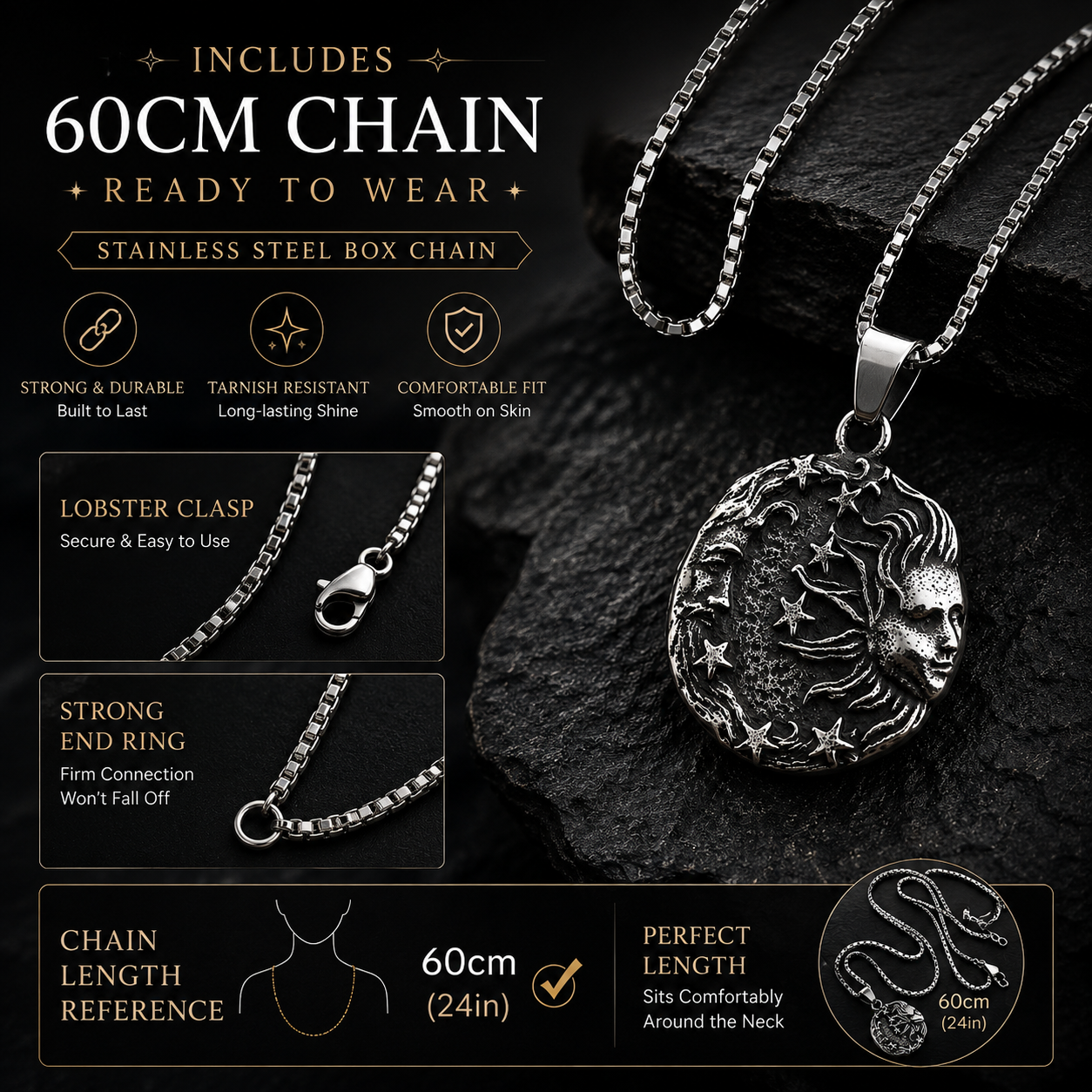 Vintage Sun Moon Face Pendant Necklace Antique Silver Celestial Stainless Steel Necklace Cosmic Star Pendant with Chain Gift PN0018