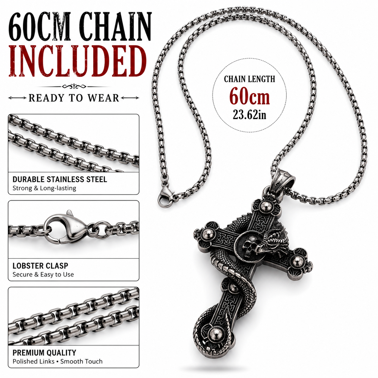 Vintage Dragon Cross Skull Pendant Necklace Men Gothic Stainless Steel Dark Silver Chain PN0022