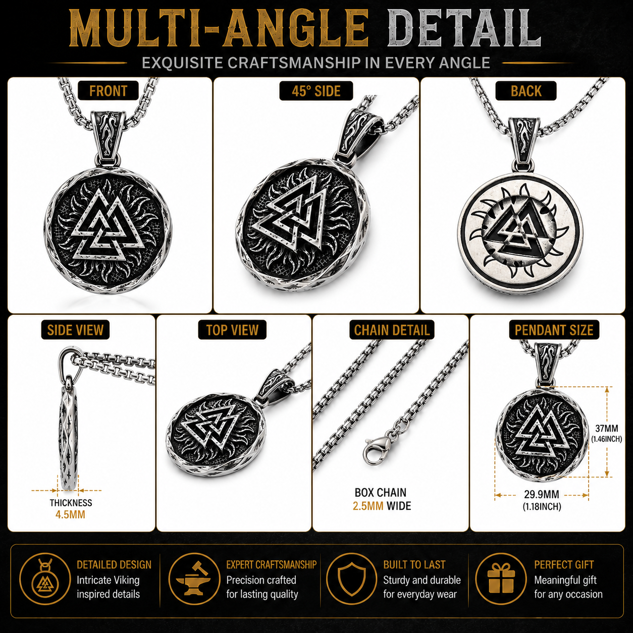 Viking Valknut Pendant Necklace Norse Symbol Stainless Steel with Chain Dark Silver Symbol Jewellery Gift PN0011