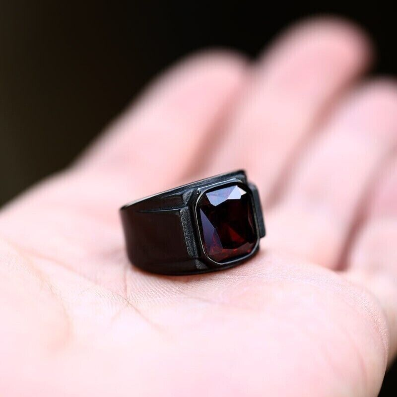 Men Biker Square Signet Ring Black or Red Synthetic Stone Vintage Statement Band # R321