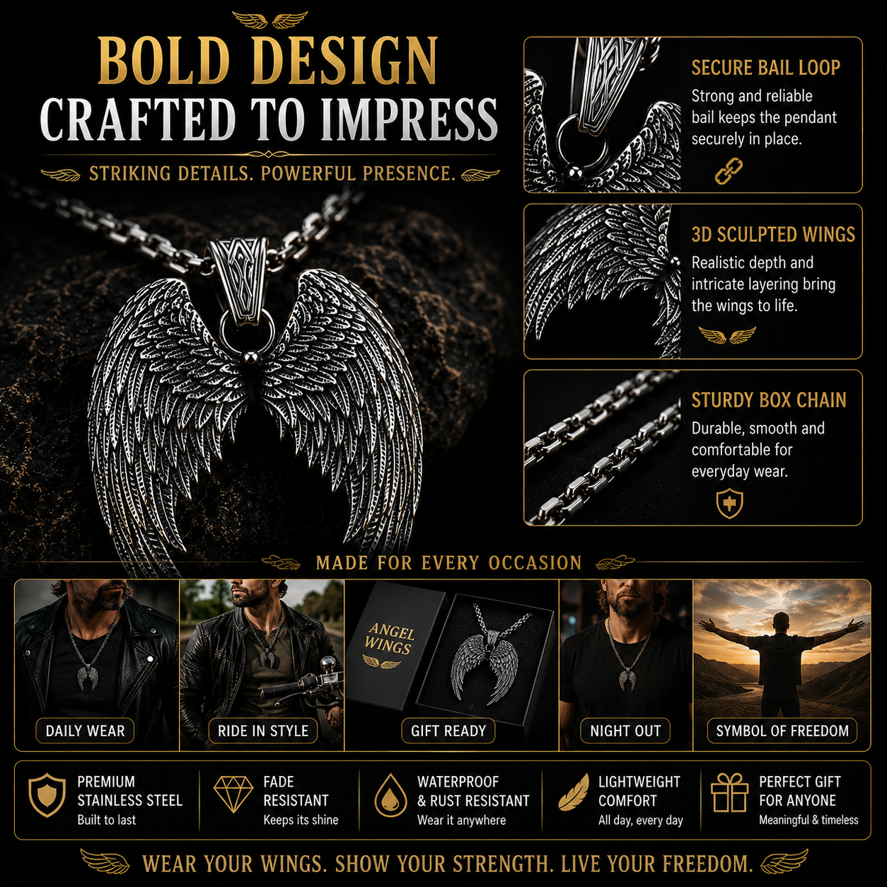 Angel Wings Necklace Stainless Steel Pendant Guardian Wing Gothic Biker Gift Chain #PN0032