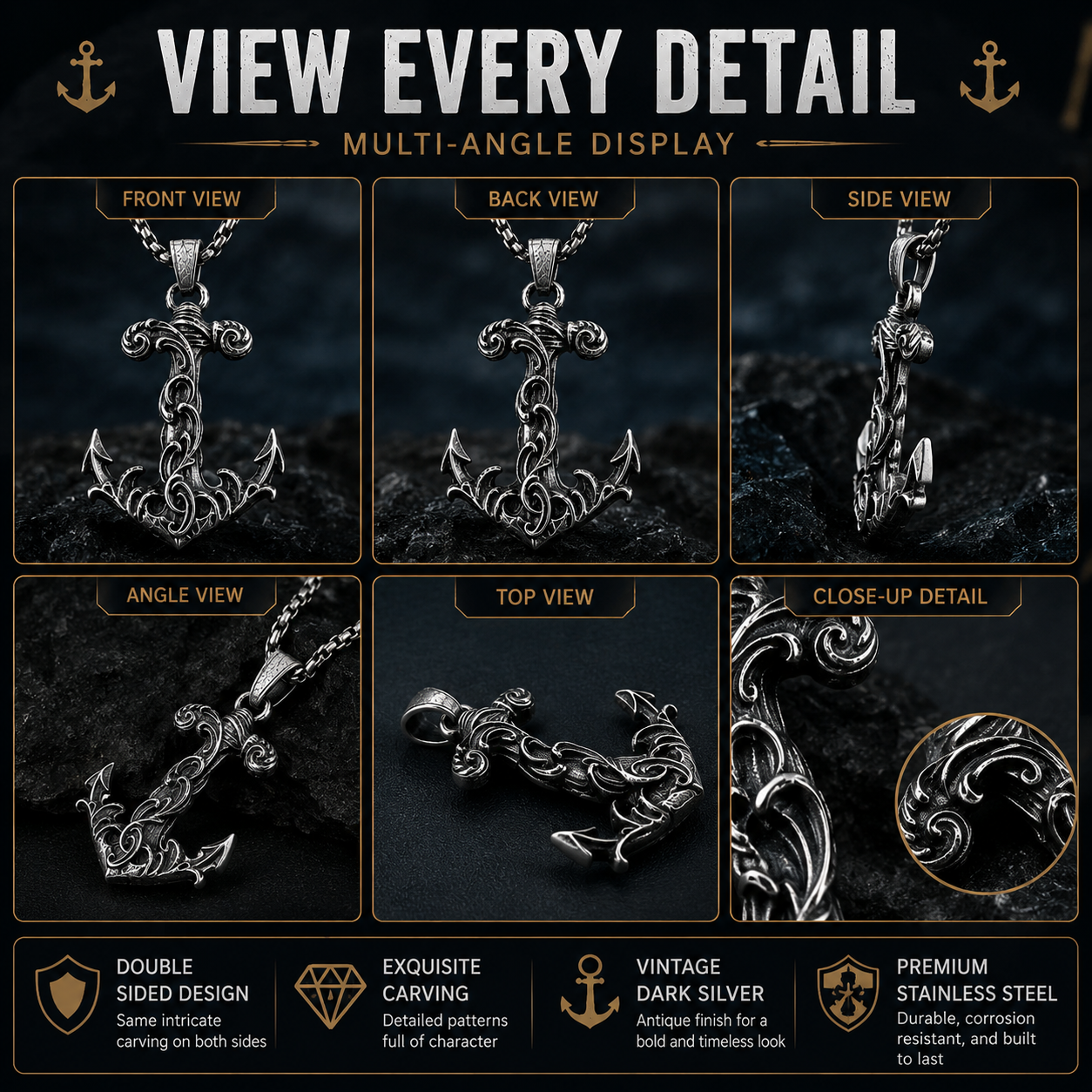 Vintage Carved Anchor Pendant Necklace Stainless Steel Nautical Gothic Marine Chain Gift For Men PN0003