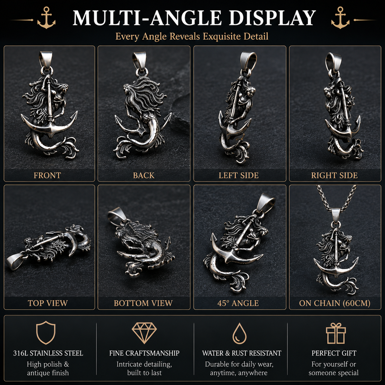 Vintage Mermaid Anchor Pendant Necklace Stainless Steel Dark Silver Nautical Chain PN0021