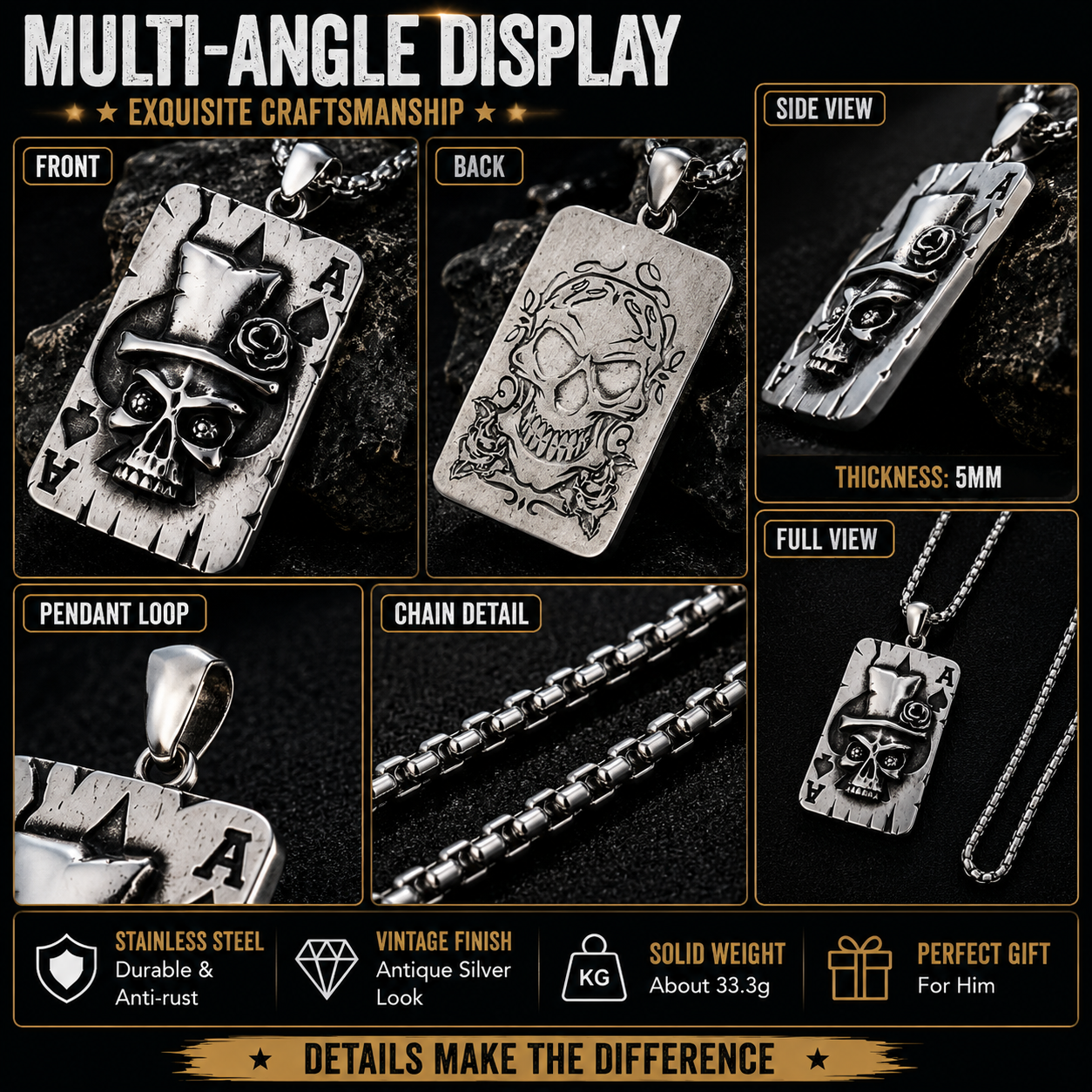 Men Gothic Skull Poker Ace Card Pendant Necklace Stainless Steel Vintage Punk Punk Street Style Biker Chain PN0008