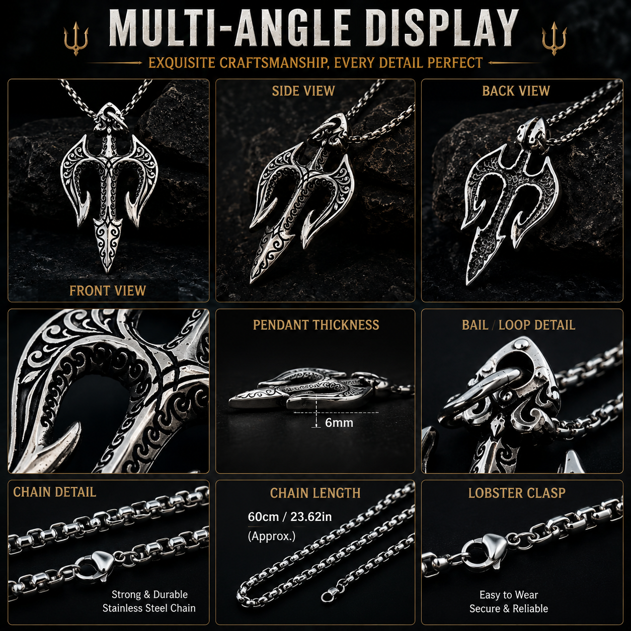 Men Vintage Poseidon Trident Pendant Necklace Gothic Greek Mythology Amulet Stainless Steel Chain PN0001
