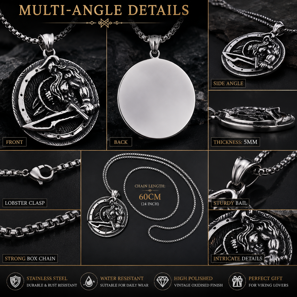 Men Viking Warrior Pendant Necklace Norse Mythology Stainless Steel Round Amulet with Chain PN0014