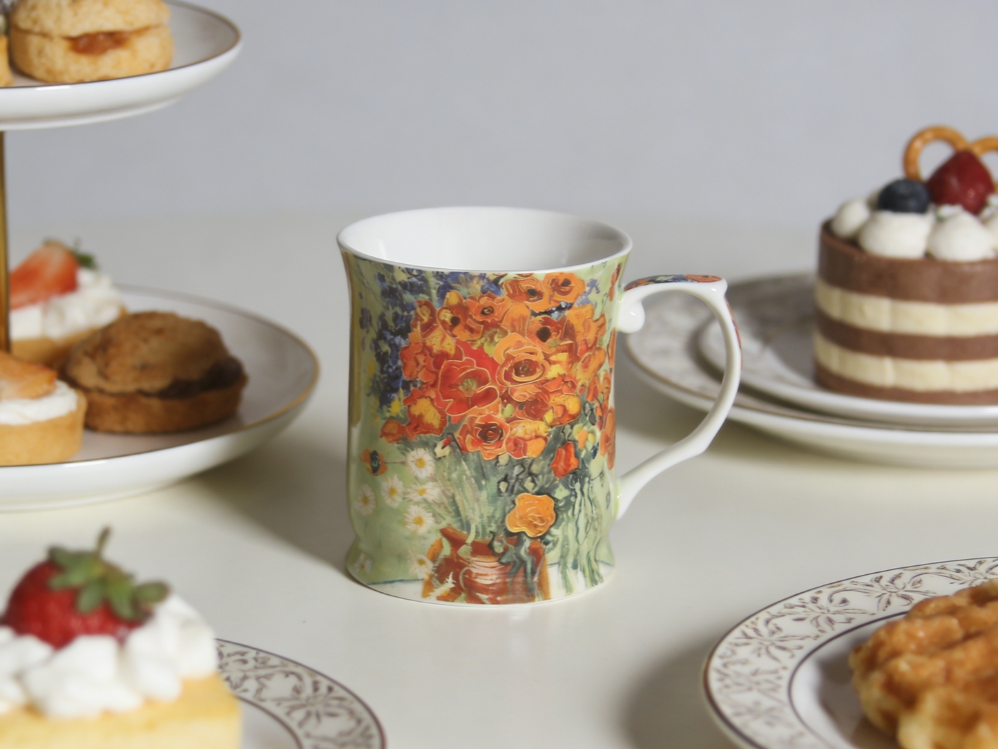 415cc Fine Porcelain Floral Art Mug – Van Gogh Style Red Bouquet Coffee Tea Cup # CW1693