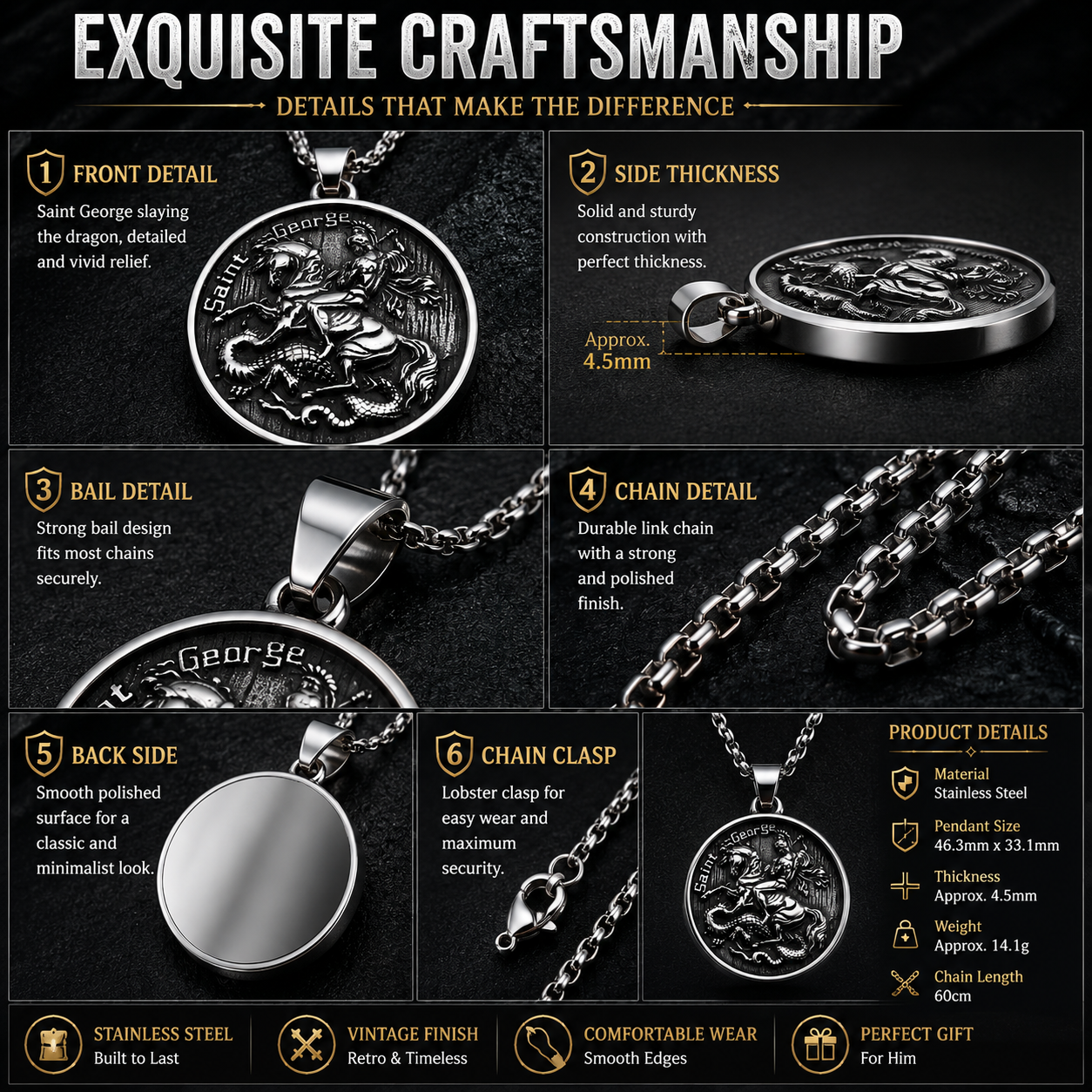 Men Saint George Dragon Pendant Necklace Stainless Steel Round Medallion Chain Gothic Retro Christian Amulet Jewellery Gift PN0006