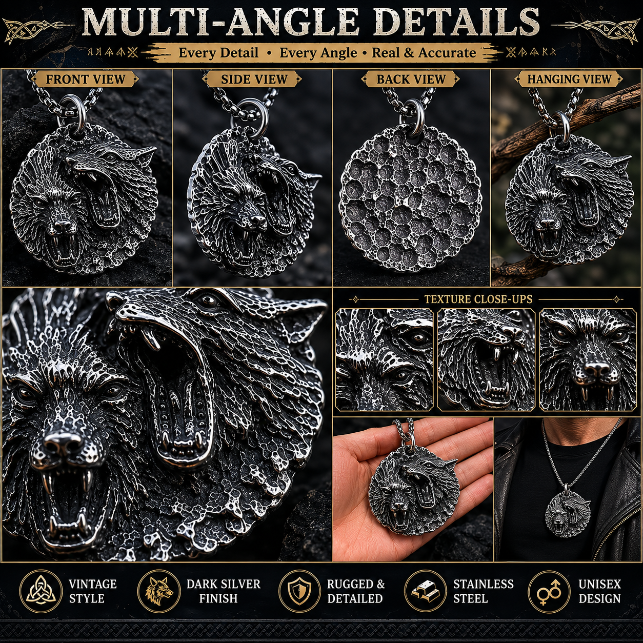Vintage Wolf Pendant Necklace Dark Silver Stainless Steel Viking Animal Medallion Chain Gift for Men Women PN0017