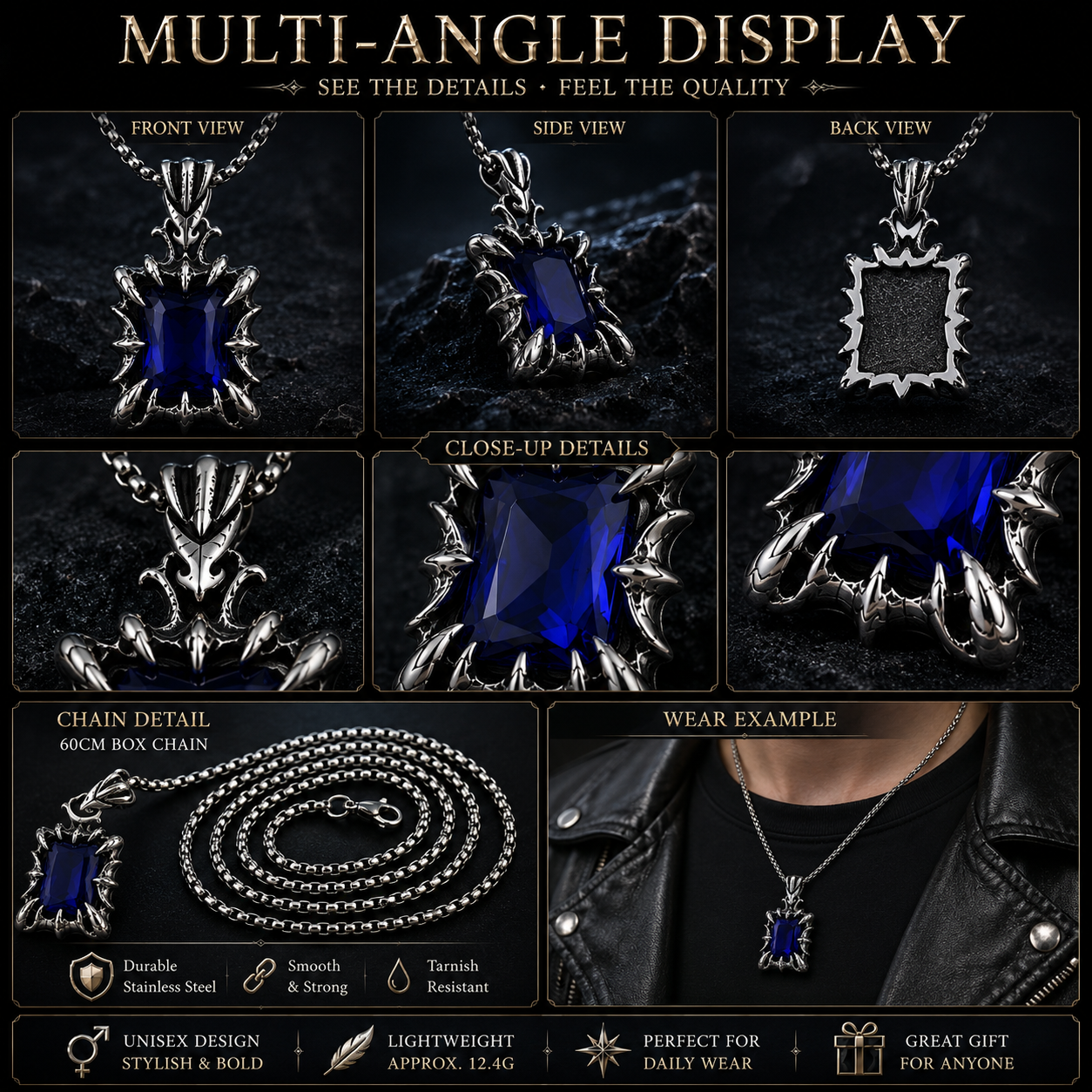 Retro Fantasy Vintage Gothic Crystal Pendant Necklace Dark Silver Stainless Steel Chain Blue Green Red Black Gem PN0029