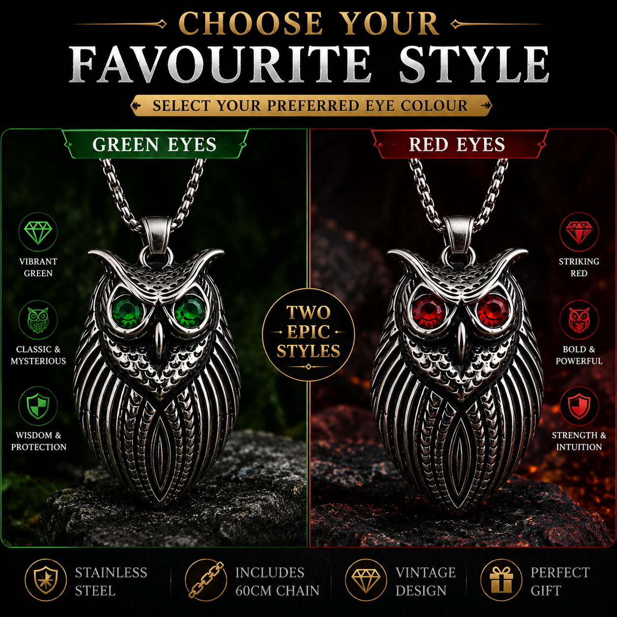 Retro Owl Necklace Stainless Steel Pendant Red Green Gem Eyes Gothic Animal Charm Chain Gift PN0027