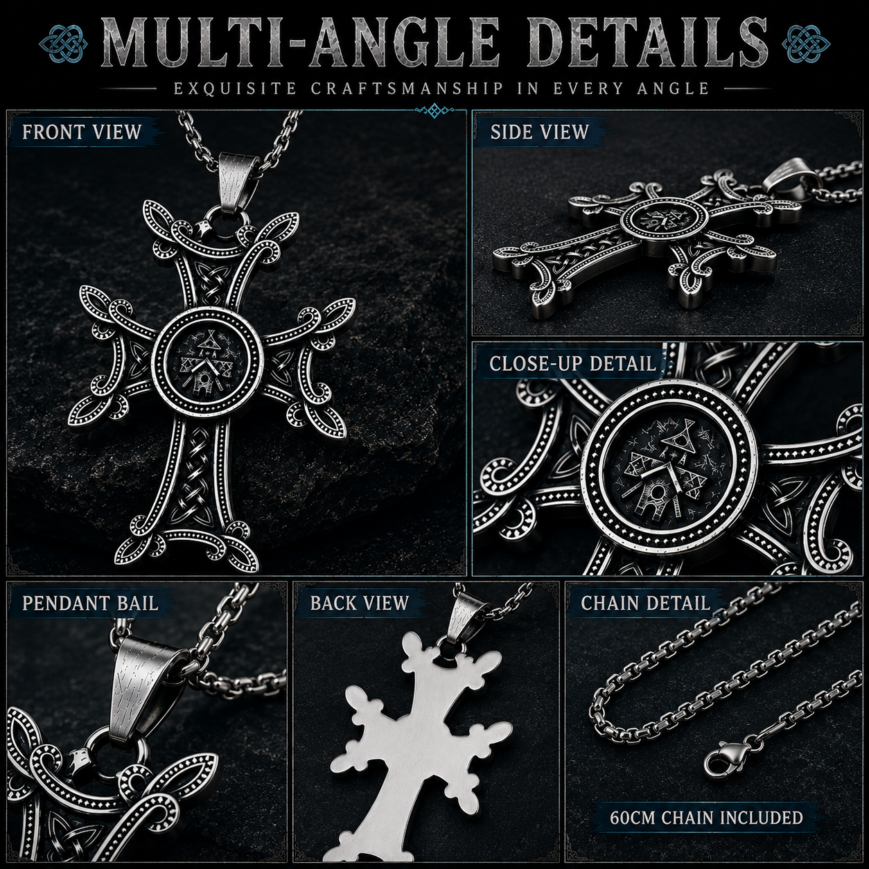 Nordic Viking Cross Pendant Necklace Celtic Knot Stainless Steel Norse Medieval Jewellery 60cm Chain Gift For Men PN0159