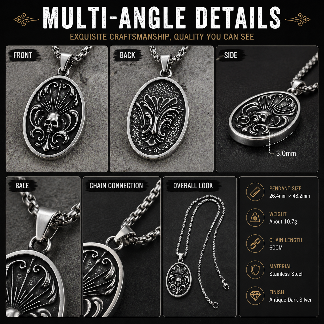 Retro Skull Oval Pendant Necklace Stainless Steel Double-Sided Gothic Necklace with Chain Vintage Punk Jewellery Gift PN0004