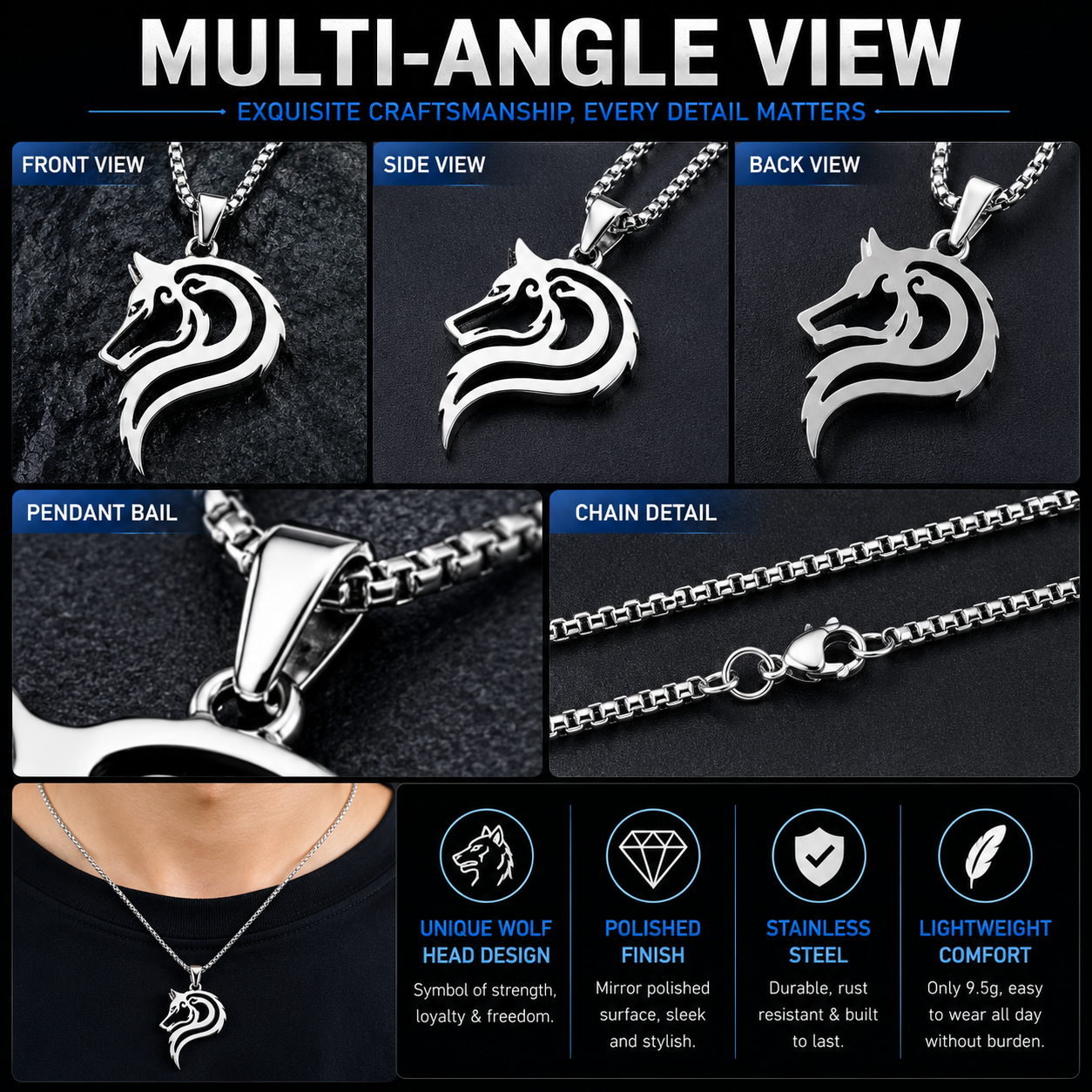 Wolf Head Pendant Stainless Steel Silver Tribal Animal Totem Wolf Necklace Chain PN0012