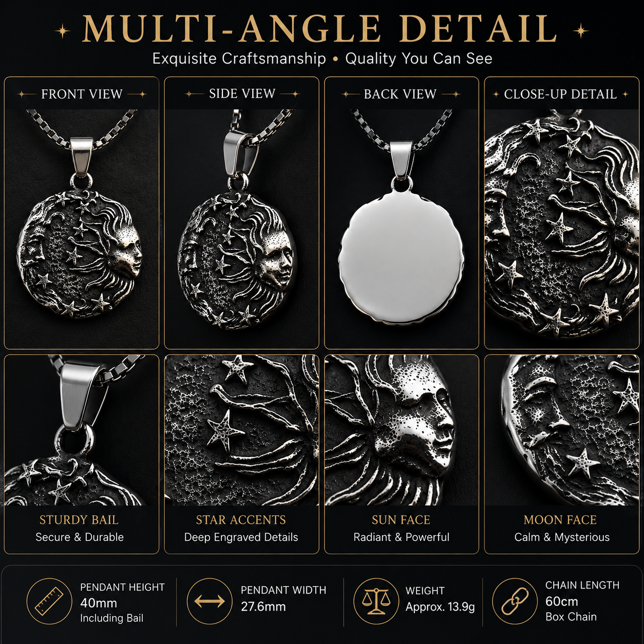 Vintage Sun Moon Face Pendant Necklace Antique Silver Celestial Stainless Steel Necklace Cosmic Star Pendant with Chain Gift PN0018