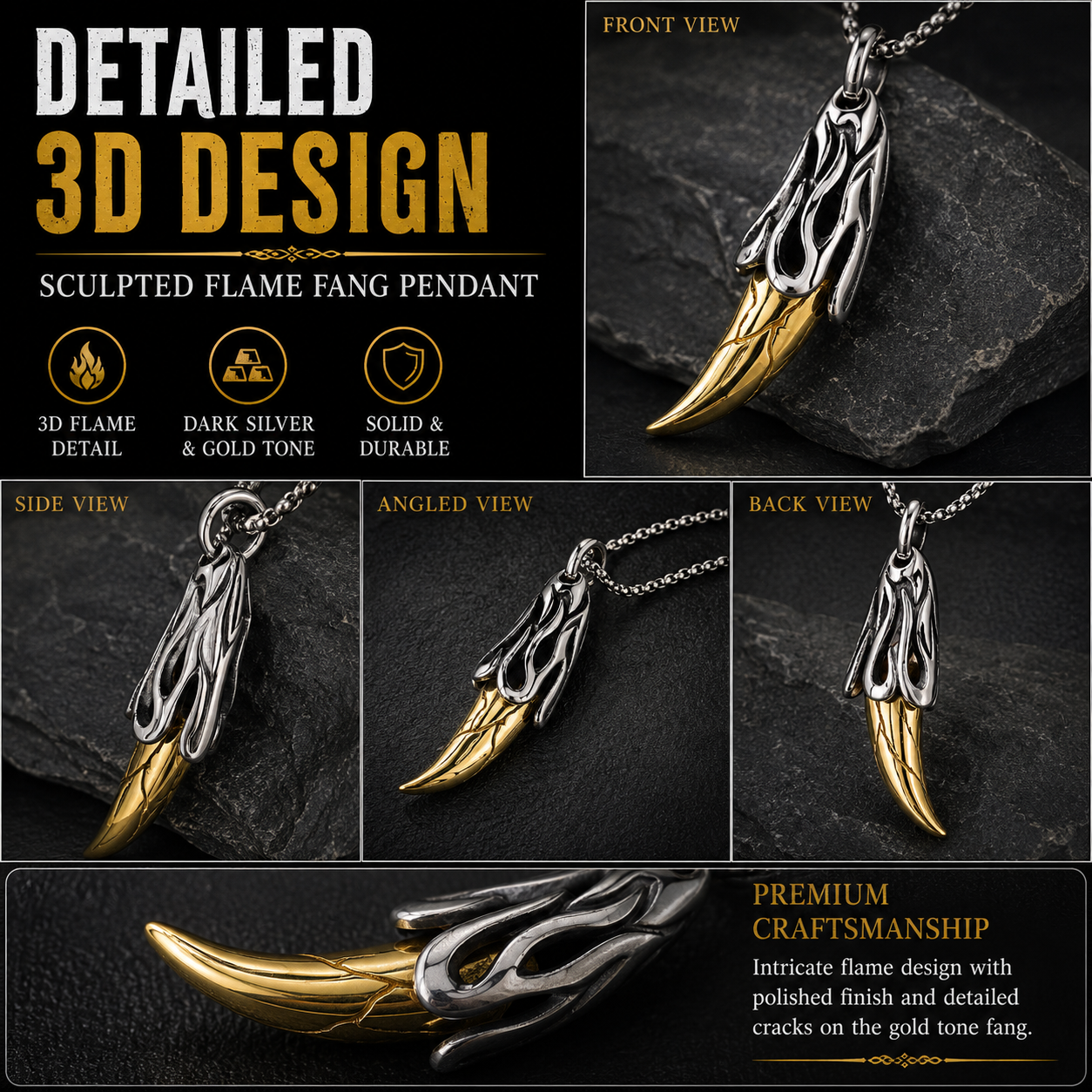 Men Gothic Tiger Tooth Pendant Necklace Dark Silver Flame details Box Chain Gift PN0026