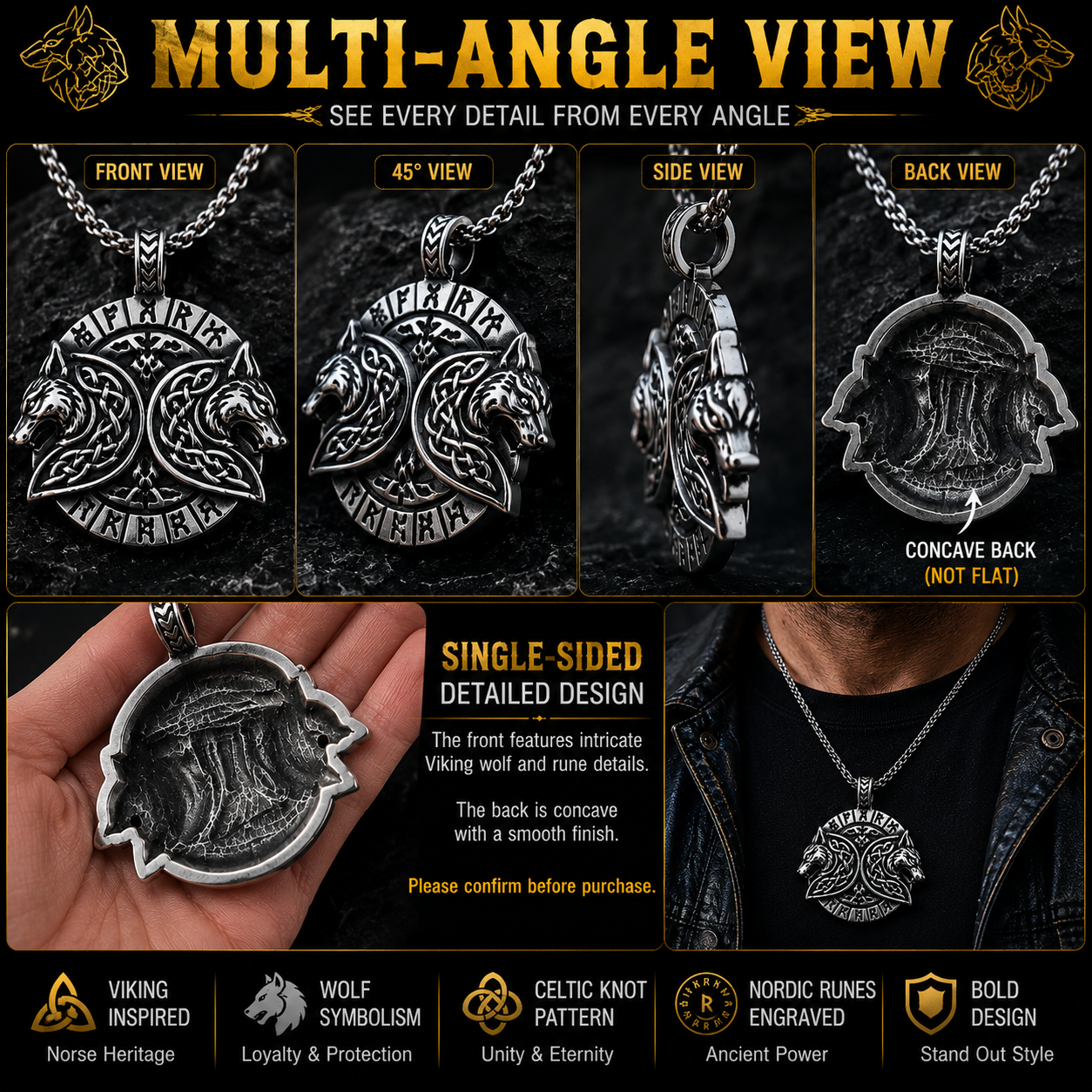 Viking Double Wolf Head Pendant Necklace Celtic Knot Rune Stainless Steel Amulet with Chain PN0189