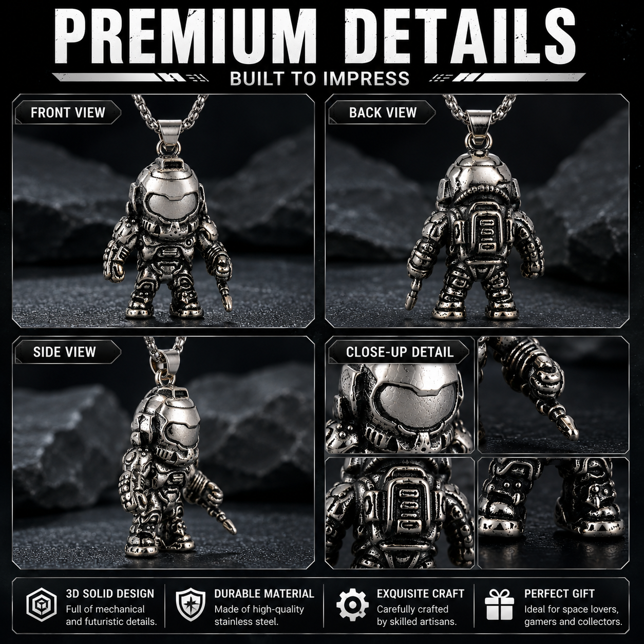 Space Astronaut Necklace Pendant Dark Silver Stainless Steel 60cm Chain Gift PN0028