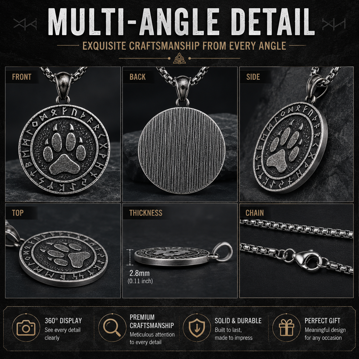 Viking Bear Paw Rune Pendant Necklace Nordic Amulet Stainless Steel Symbolic Totem Gift PN0069