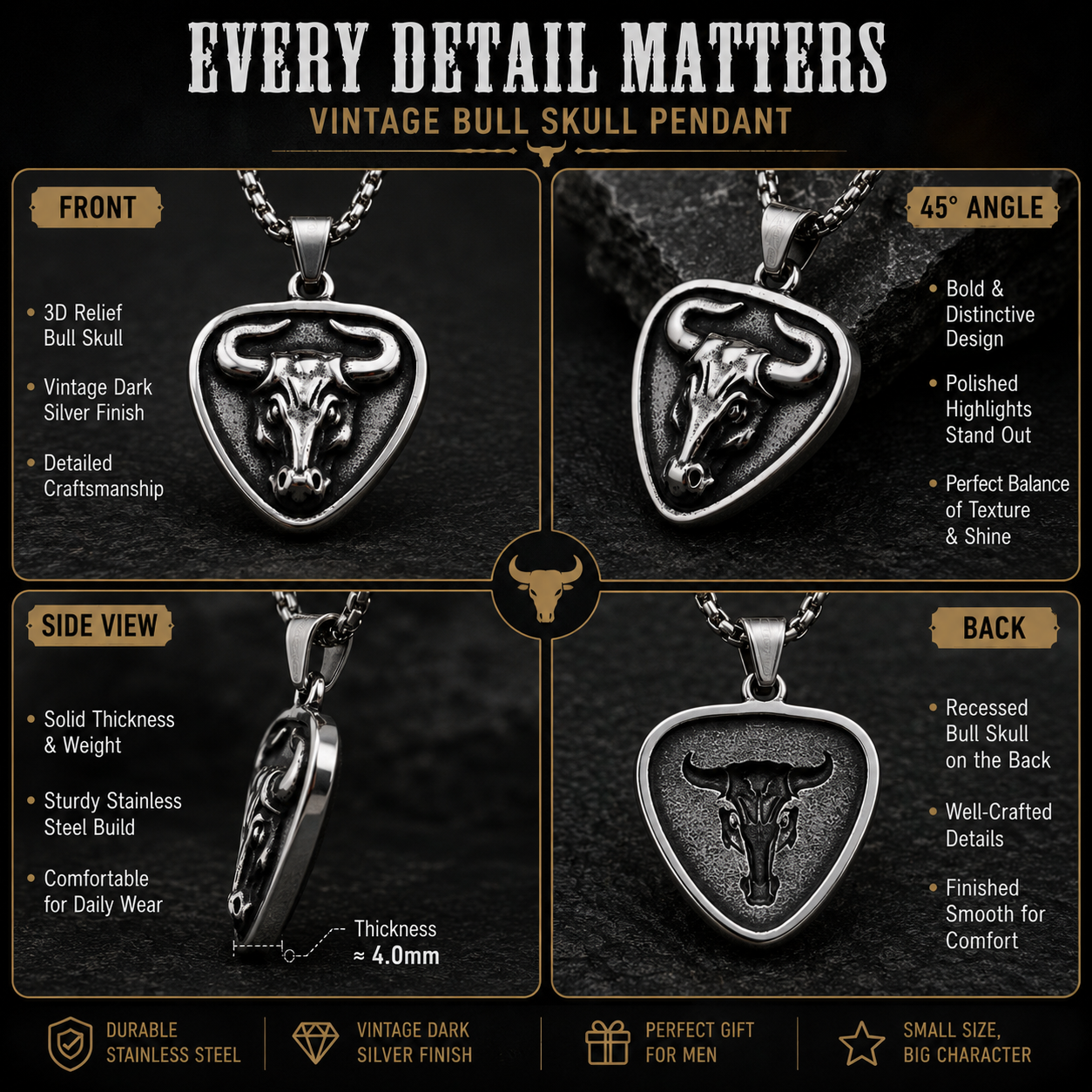 Vintage Bull Skull Pendant Necklace for Men Stainless Steel Ox Head Amulet Dark Silver Tone Chain Gift PN0005