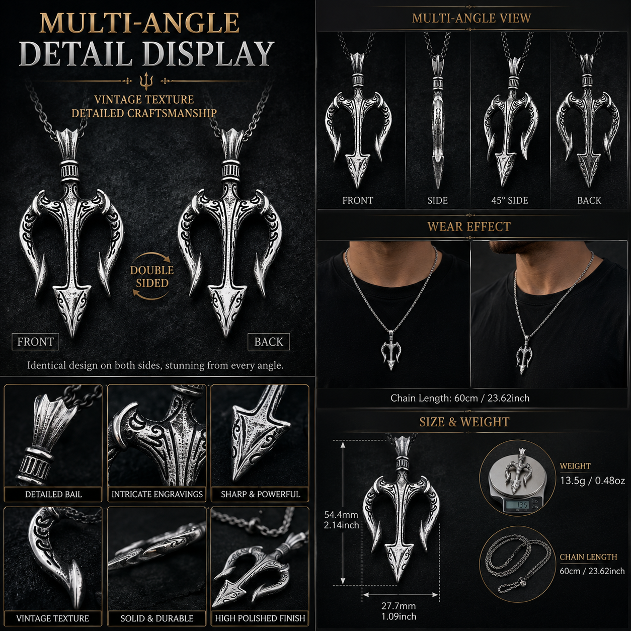 Men Vintage Poseidon Trident Pendant Necklace Gothic Greek Mythology Amulet Stainless Steel Chain PN0002