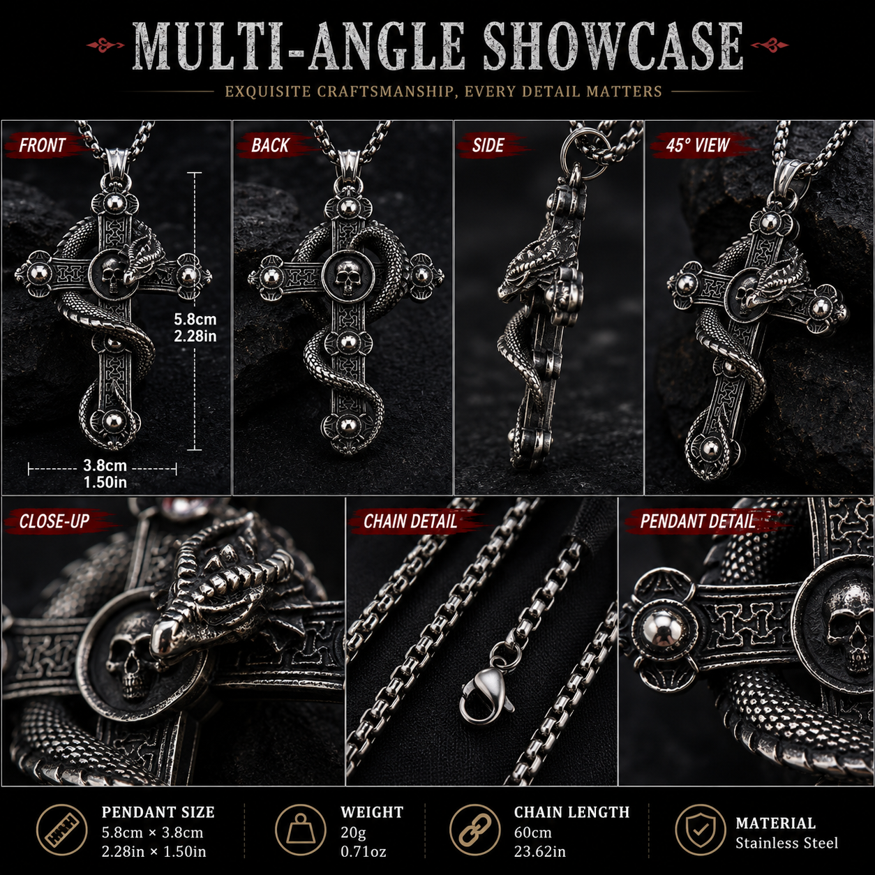 Vintage Dragon Cross Skull Pendant Necklace Men Gothic Stainless Steel Dark Silver Chain PN0022