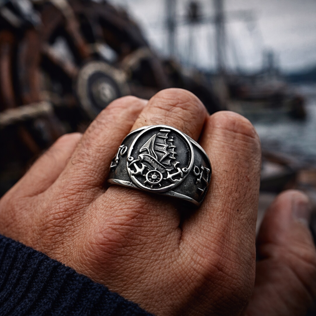 Men Nautical Anchor & Sailboat Engraved Ring Stainless Steel Punk Statement Band # R327