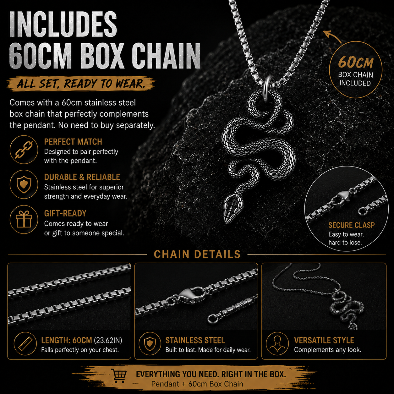 Gothic Snake Pendant Necklace Stainless Steel Serpent Biker Necklace Jewelry Chain Gift #PN0010