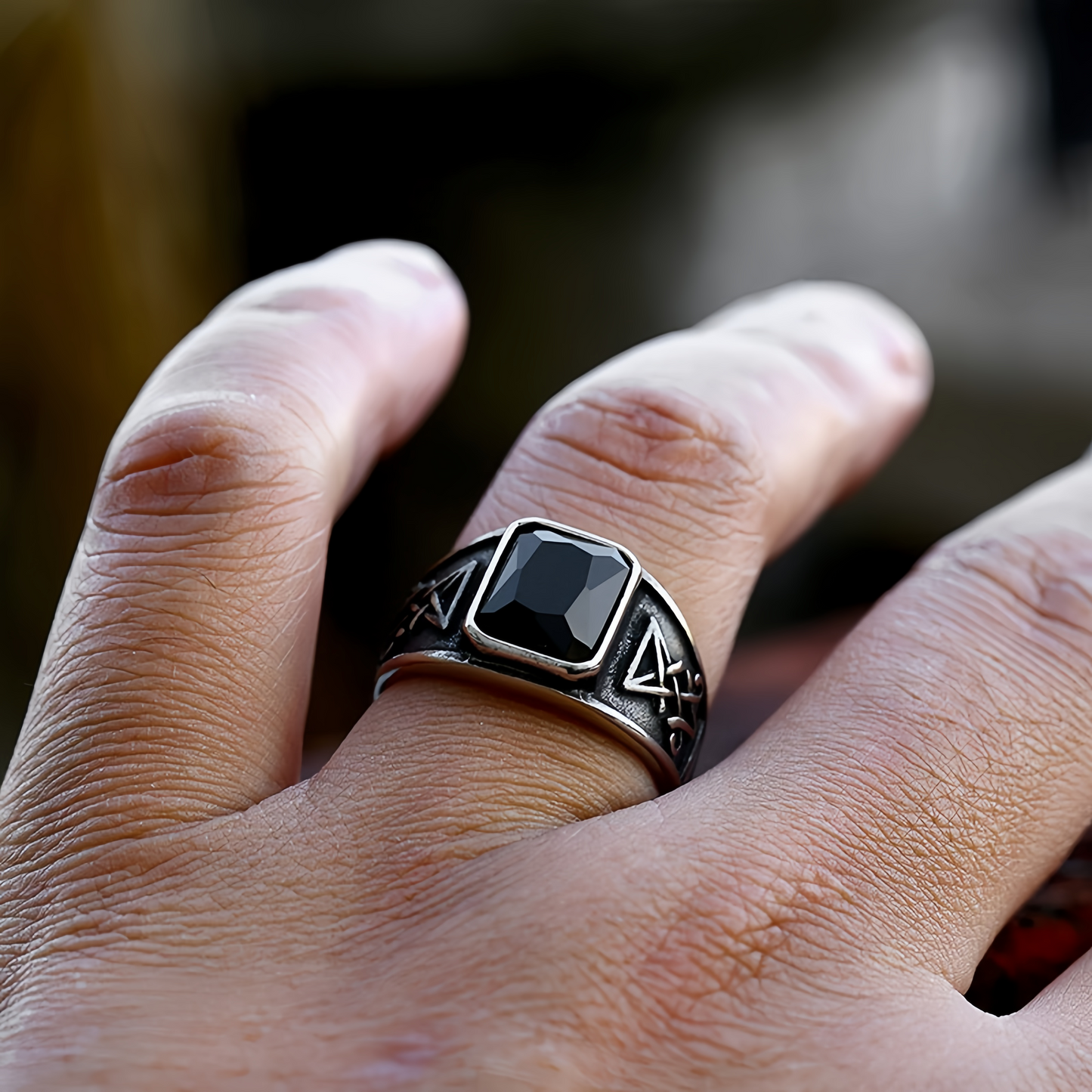 Men Gothic Black Stone Signet Ring Vintage Occult Engraved Rock Biker Punk Band # R366